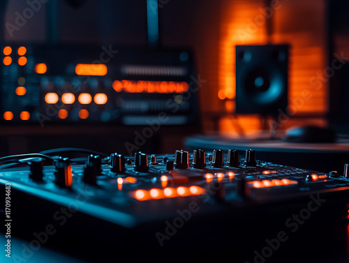 Home studio with musical instruments and equipment, featuring vibrant orange lights and creative atmosphere