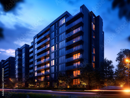 Modern mixed use development featuring residences and commercial spaces at dusk photo