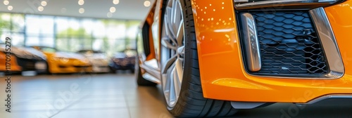 Close-Up View of a Vibrant Orange Sports Car s Front Grille in a Modern Dealership Showroom. photo