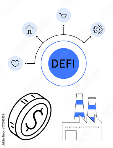DEFI central hub connected to factory, coin, and icons for home, shopping, gear, and heart. Ideal for finance, technology, sustainability industry decentralization economy abstract line flat