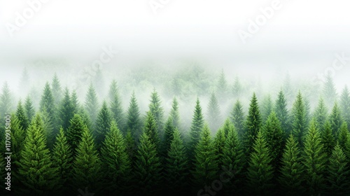 A foggy forest filled with lots of green trees