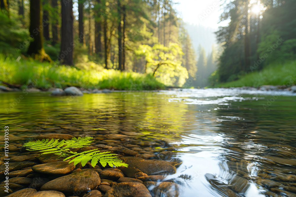 serene river scene with fern on stones, surrounded by lush trees and sunlight serene river scene with fern on stones, surrounded by lush trees and sunlight