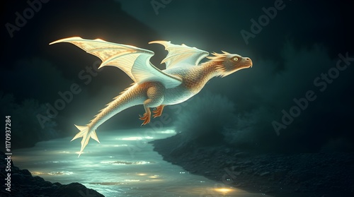 Majestic Ethereal Dragon Gliding Over a Serene River, Ai generated images photo