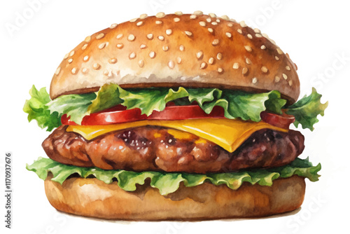 Delicious hamburger, fresh lettuce, ripe tomatoes, melted cheese, sesame seed bun, appetizing food illustration.