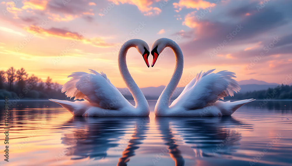 Fototapeta premium Two majestic white swans form a heart shape with their necks, creating a romantic and serene image.