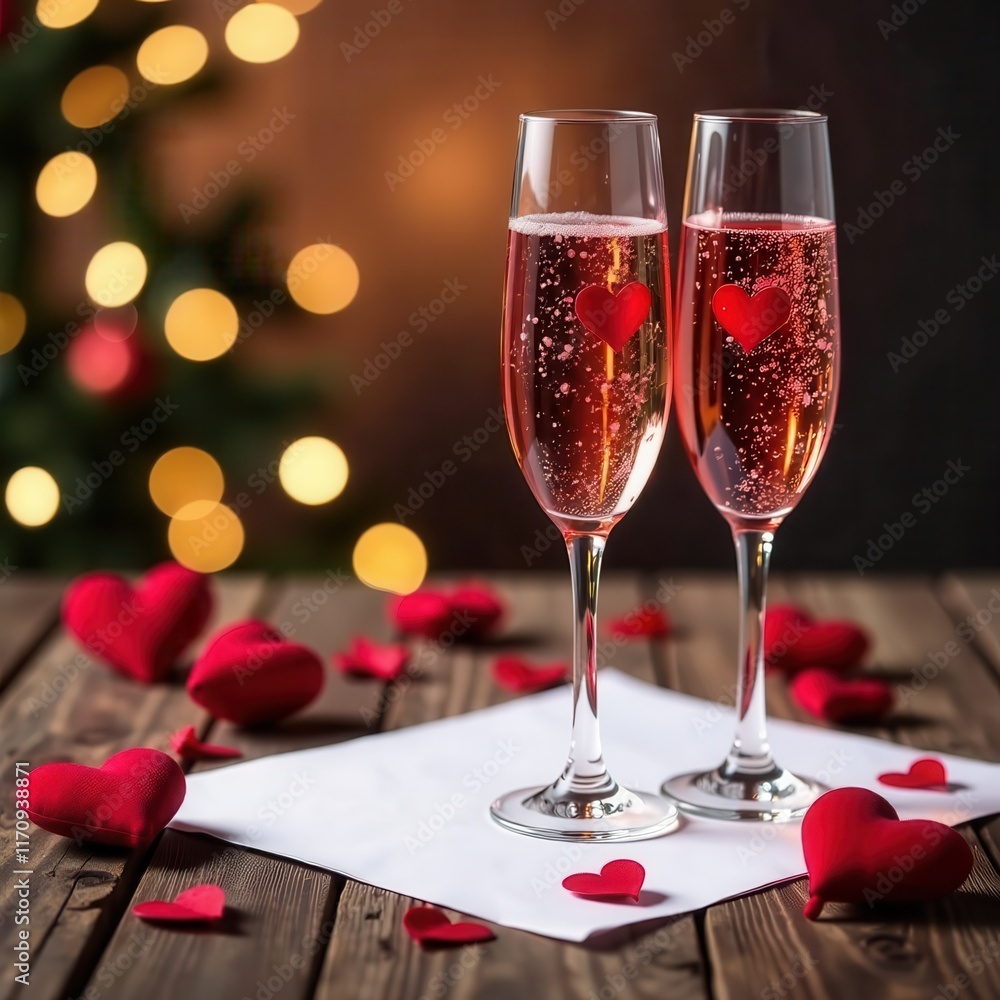Celebrate love with sparkling drinks and heart decorations on Valentine's Day in a cozy setting featuring twinkling lights. Generative AI Celebrate love with sparkling drinks and heart decorations on Valentine's Day in a cozy setting featuring twinkling lights. Generative AI