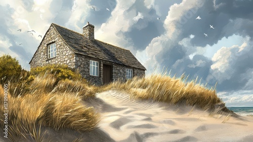 Stone Cottage Nestled Among Coastal Dunes and Birds photo