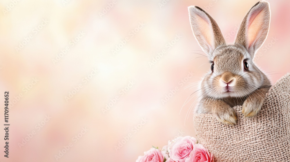 A rabbit peeking out from behind a burlap bag with pink roses