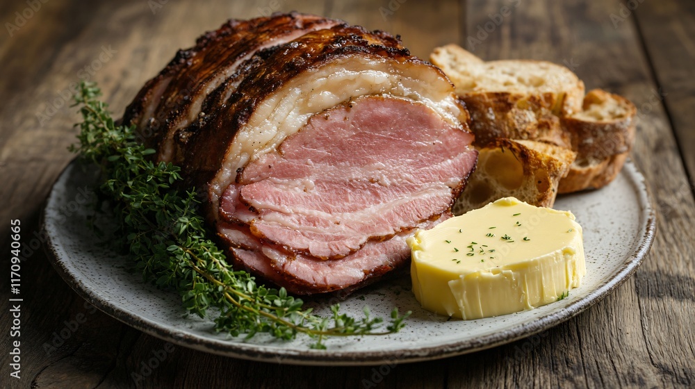 Ham served with rustic bread and butter, isolated on a distressed wooden background Ham served with rustic bread and butter, isolated on a distressed wooden background