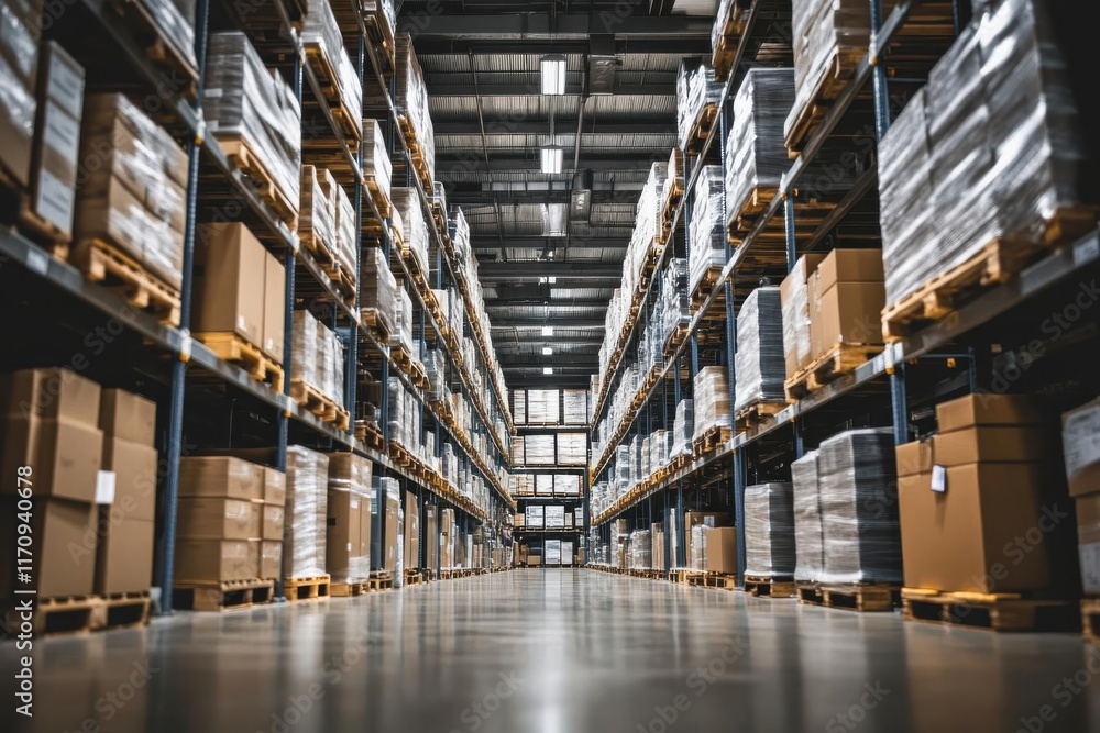 A spacious warehouse filled with stacked boxes and pallets, organized for storage and distribution.