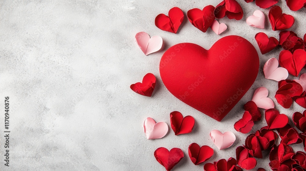 A red heart surrounded by red and pink paper hearts A red heart surrounded by red and pink paper hearts