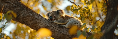 Serene Australian Wildlife Sleepy Koala Bear Resting in a Eucalyptus Tree s Embrace with Sunlight photo