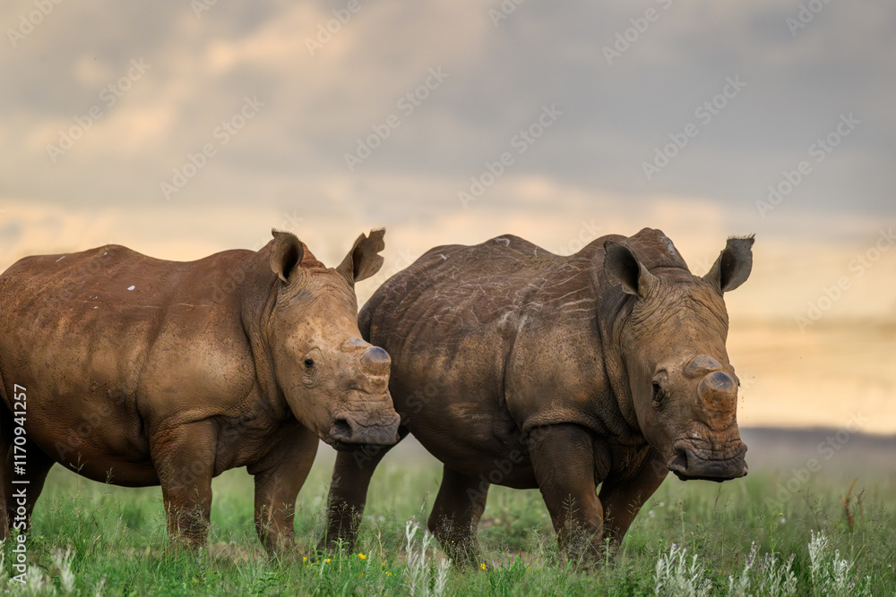 Fototapeta premium A pair of rhino stand side by side, Rietvlei Nature Reserve, South Africa