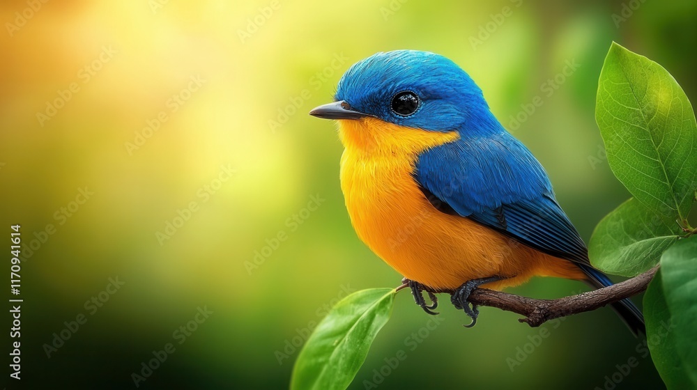 Obraz premium A small blue and yellow bird sitting on a branch