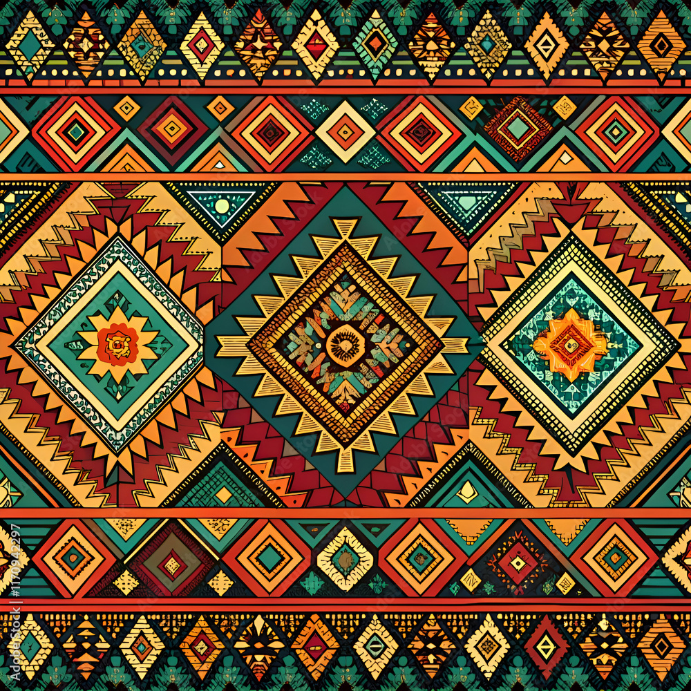 A vibrant. geometric pattern with a tribal design. A vibrant. geometric pattern with a tribal design.