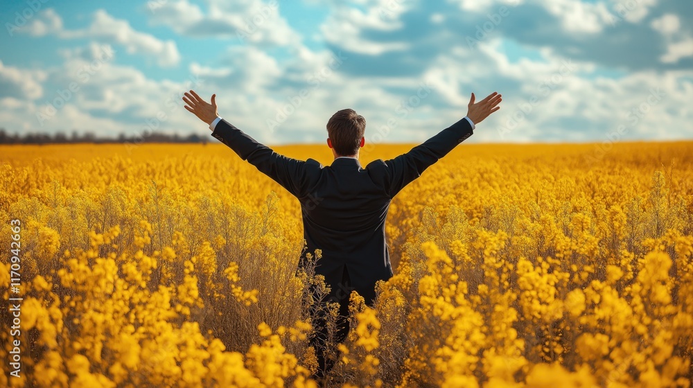 Caucasian man in suit embracing nature in yellow flower field under blue sky Caucasian man in suit embracing nature in yellow flower field under blue sky