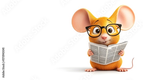 Cute cartoon mouse reading newspaper with glasses and surprised expression