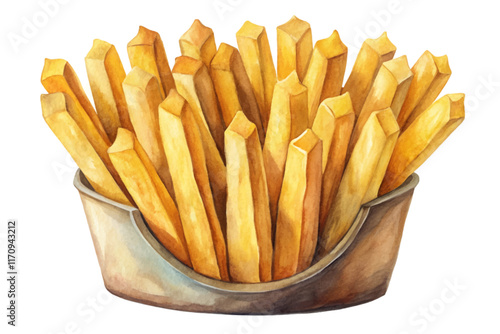 Delicious golden fries, crispy texture, watercolor illustration, food art, restaurant menu design, culinary delight.