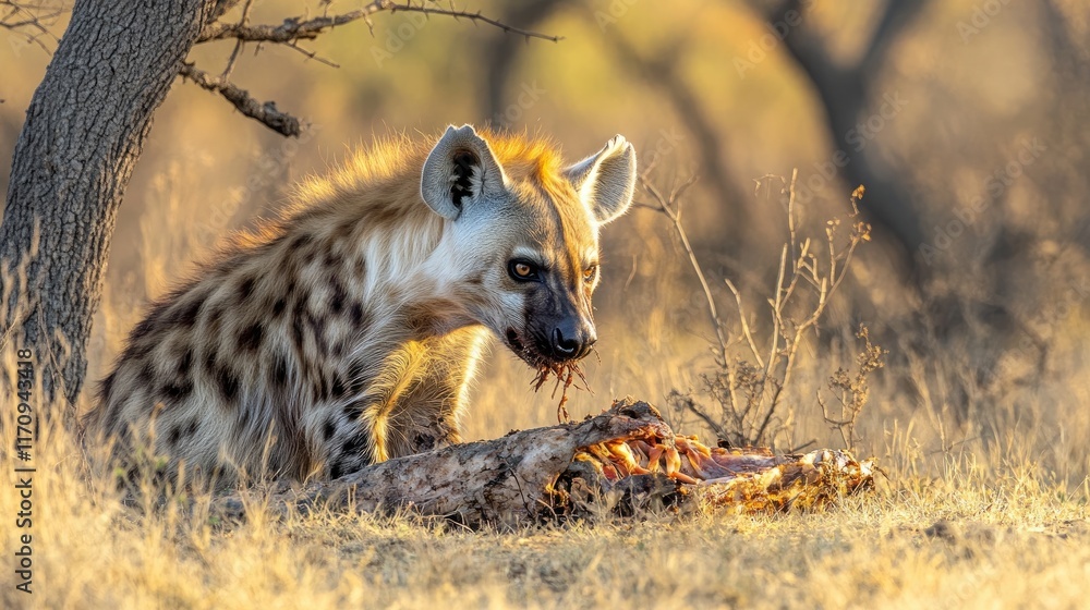A hyena feeding on carrion in a golden-lit savanna landscape. A hyena feeding on carrion in a golden-lit savanna landscape.