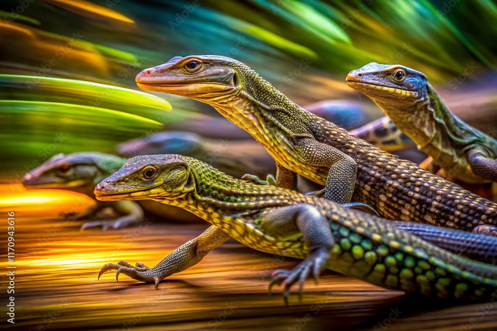 Naklejka premium Long Exposure Photography of Monitor Lizards: Diverse Species in Motion
