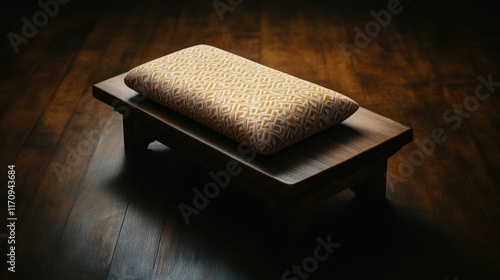 Meditative display of textured cushion on wooden stand cozy interior still life low angle tranquility concept photo