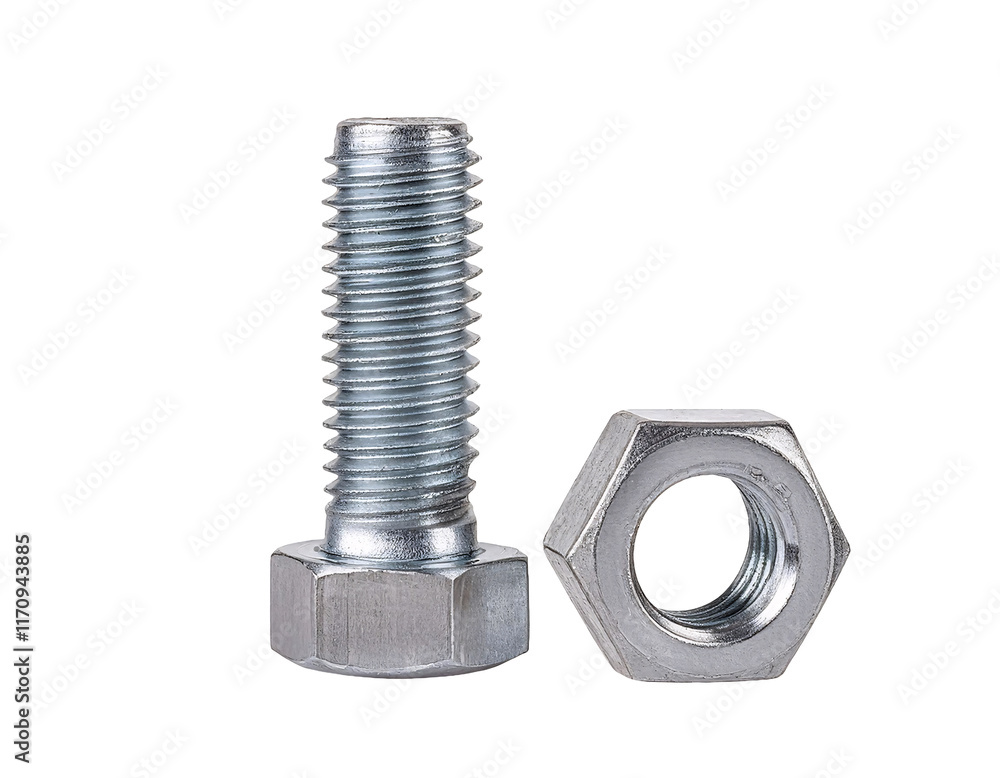 steel hexagonal bolt and matching nut set on isolated background for industrial and mechanical applications
