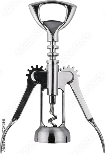 stainless steel wing corkscrew with dual levers and spiral screw on isolated background for wine bottles and bar tools
 photo