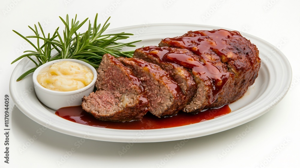A classic meatloaf glazed with ketchup, sliced and served, isolated on a white plate with a pure white background A classic meatloaf glazed with ketchup, sliced and served, isolated on a white plate with a pure white background