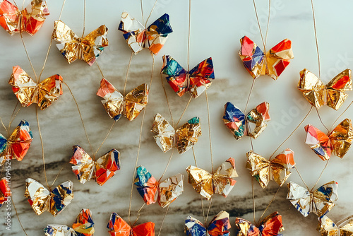 Colorful origami butterflies beautifully arranged on a light marble surface for decoration during a festive celebration photo