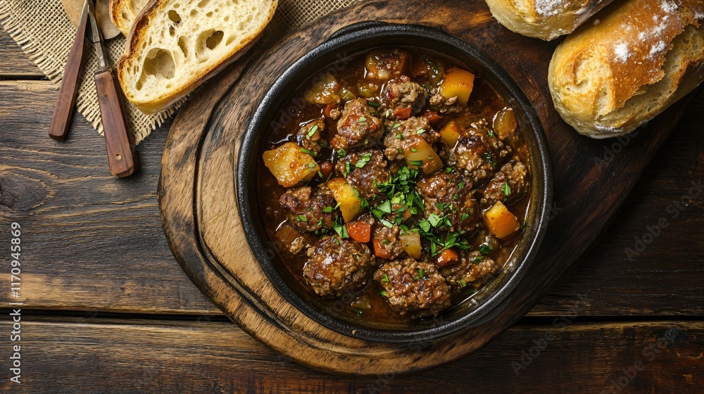 A hearty meatloaf served with a side of crusty bread, isolated on a wooden table with burlap accents A hearty meatloaf served with a side of crusty bread, isolated on a wooden table with burlap accents