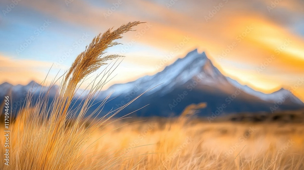 A field of tall grass with a mountain in the background A field of tall grass with a mountain in the background