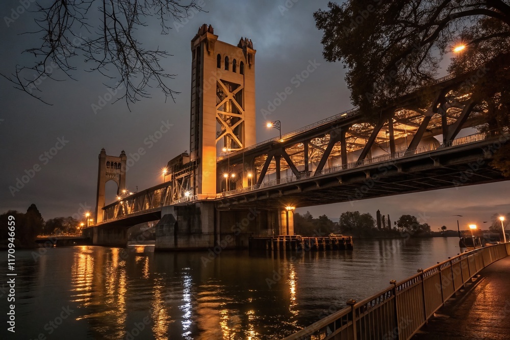 Fototapeta premium Low Light Drawbridge at Night, Moody Atmosphere, Cityscape Reflection