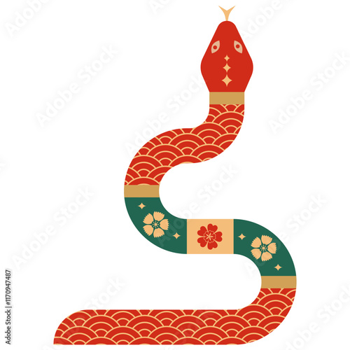 Red snake illustration for chinese new year and zodiac horoscope symbol. Year of the snake. Traditional chinese red snake in flat style. Vector isolated illustration