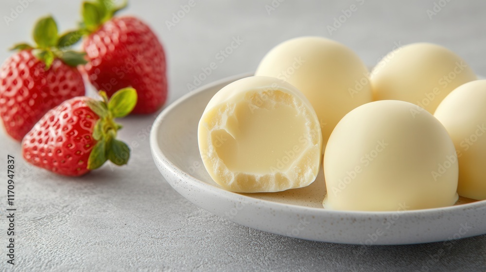 A plate of hard boiled eggs and strawberries on a table A plate of hard boiled eggs and strawberries on a table
