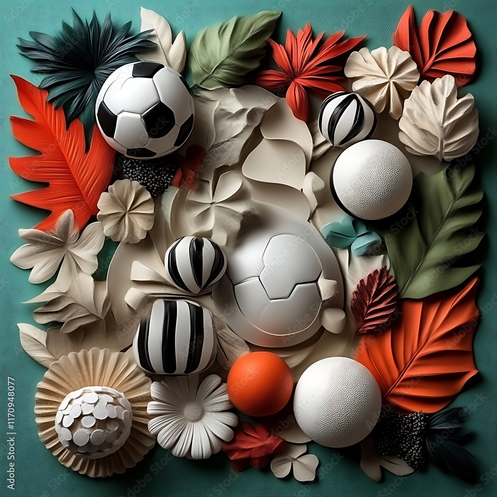 Artistic Composition Featuring Soccer Balls and Floral Elements