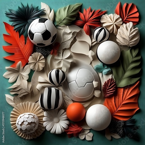 Obraz na płótnie Artistic Composition Featuring Soccer Balls and Floral Elements w salonie
