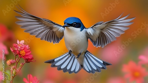 Tree Swallow Tachycineta bicolor iridescent blue white bird in flight darting through a meadow filled with wildflowers under a vibrant summer sky photo