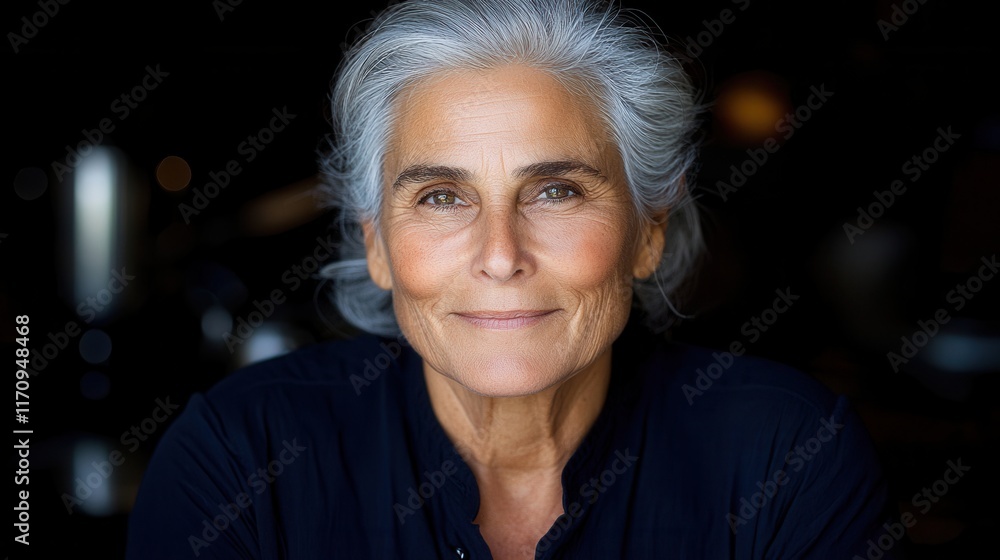 A woman with grey hair smiles at the camera A woman with grey hair smiles at the camera