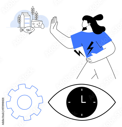 Person avoiding food icons thumbs up fish, dairy, grains while holding energy bolt, alongside gear and eye clock. Ideal for productivity, dietary choices, time management, workflow, health focus