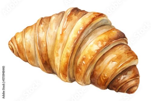 Watercolor croissant illustration, fresh baked pastry, golden brown texture, breakfast food art, delicious pastry design.