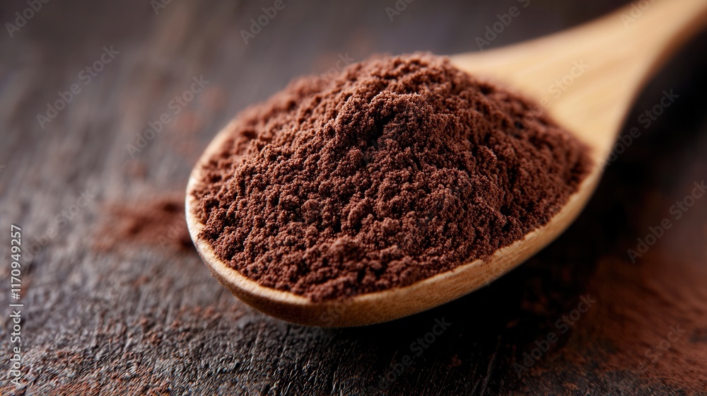 A wooden spoon filled with cocoa powder on a table A wooden spoon filled with cocoa powder on a table