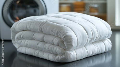 Folded white comforter on laundry table in modern laundry room