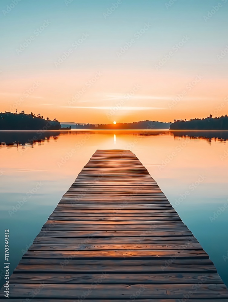 Serene sunrise over calm lake, wooden dock extending to sun. Serene sunrise over calm lake, wooden dock extending to sun.