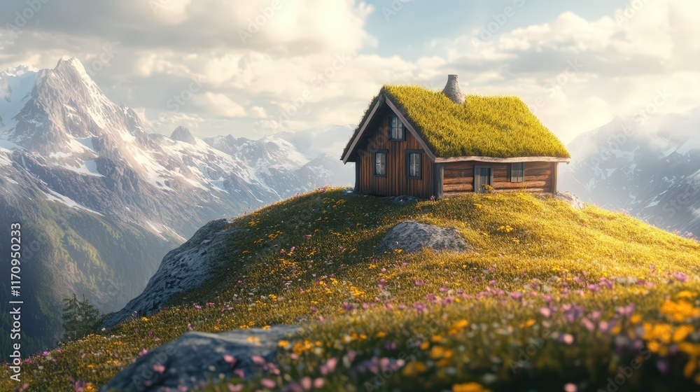 Fototapeta premium Secluded Mountain Cabin with Grass Roof Amidst Alpine Flowers