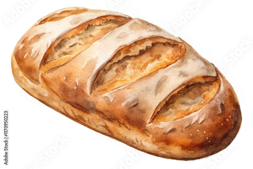 Freshly baked bread, artisan loaf, watercolor illustration, rustic style, food photography, culinary art, bakery product.