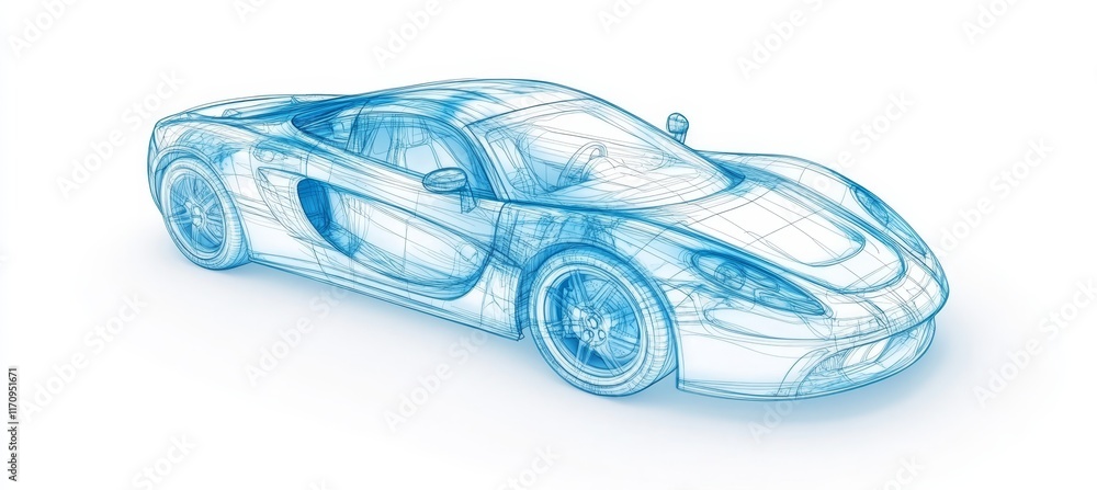 Conceptual Transparent Low Poly Sports Car Chasis Blueprint Illustration in Blue Tones on White Conceptual Transparent Low Poly Sports Car Chasis Blueprint Illustration in Blue Tones on White