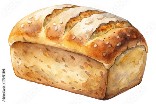 Freshly baked bread, watercolor illustration, golden crust, soft interior, artisanal loaf, food art, culinary design.