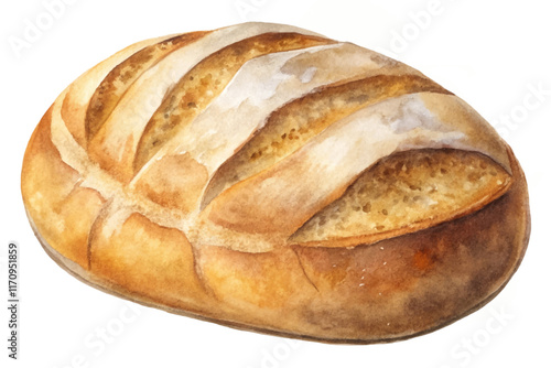 Freshly baked bread, watercolor illustration, artisanal loaf, golden crust, rustic style, food art, culinary design.