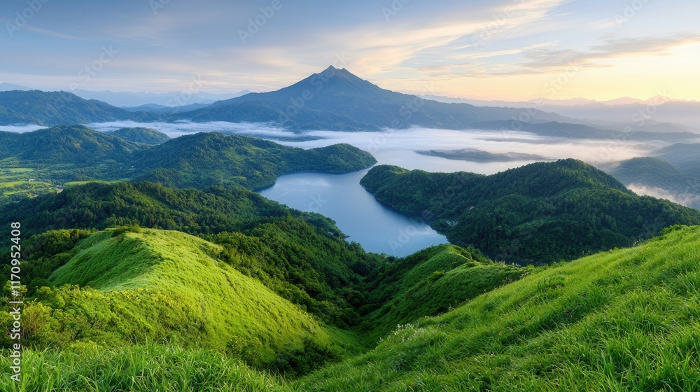 Fototapeta premium A view of a lake surrounded by green hills and mountains