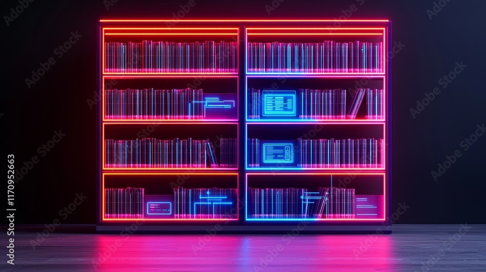 Artificial learning tool concept. Neon-lit bookshelf with vibrant colors and modern design. Artificial learning tool concept. Neon-lit bookshelf with vibrant colors and modern design.